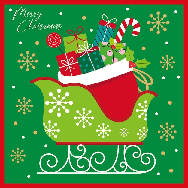 Tarjeta de Navidad con trineo y regalos