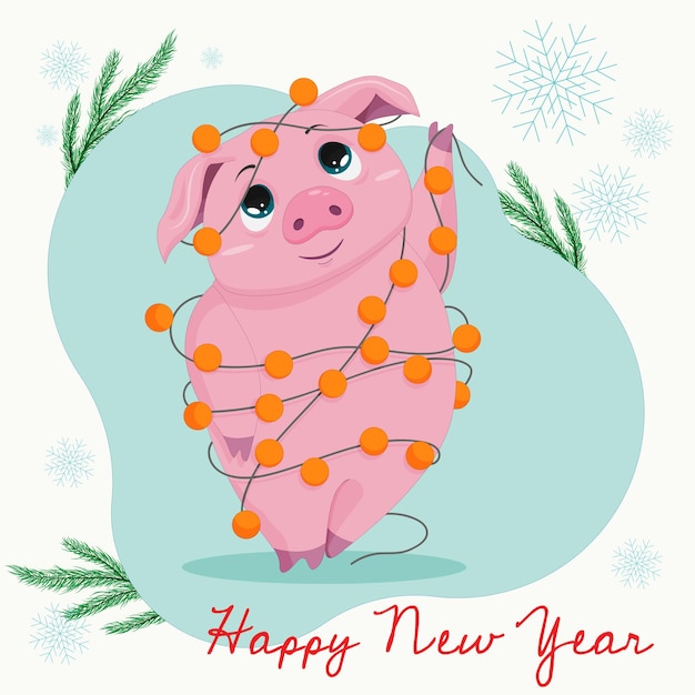 Tarjeta de Navidad de vector con un cerdo alegre en mandarinas en una cuerda