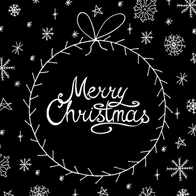 Tarjeta de Navidad de vector con copos de nieve dibujados a mano en estilo doodle Feliz Navidad fondo negro