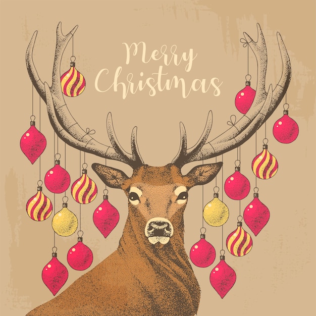 Tarjeta de Navidad vectorial con un ciervo dibujado a mano