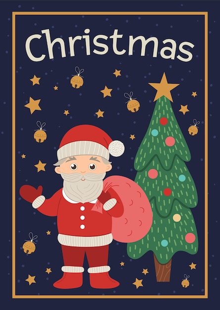 Tarjeta de Navidad vectorial con lindo abeto de Santa Claus Fondo divertido de Navidad o portada de libro con ilustración vertical de Año Nuevo plana del Padre Frost para niñosxA