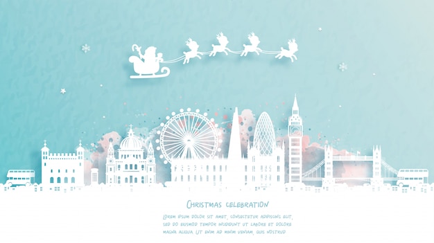 Tarjeta de Navidad con viajes a Londres, Inglaterra concepto. Lindo Santa y renos. Hito mundialmente famoso en la ilustración de estilo de corte de papel.