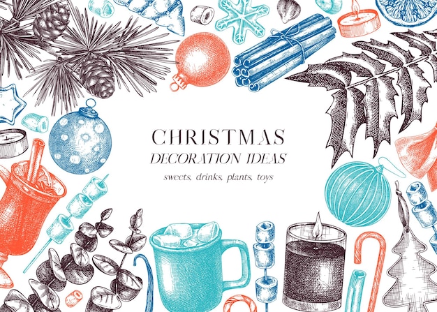 Tarjeta de navidad vintage o plantilla de invitación handsketcheddesign con decoración navideña
