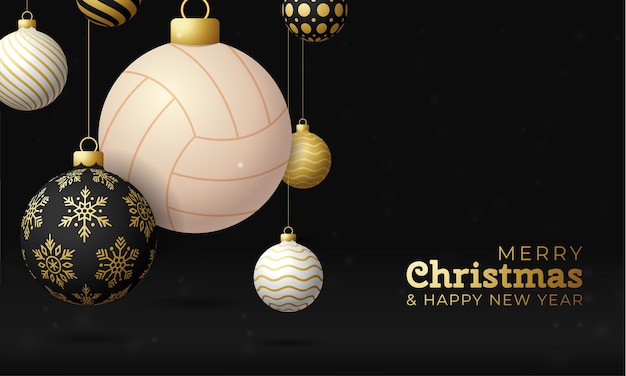 Tarjeta de navidad de voleibol. feliz navidad tarjeta de felicitación deportiva. cuelgue de una pelota de voleibol de hilo como una pelota de navidad y adorno dorado sobre fondo negro horizontal. ilustración de vector de deporte.