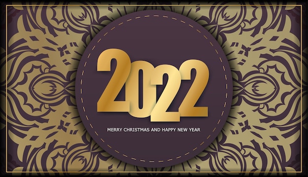 Tarjeta navideña 2022 Feliz año nuevo color burdeos con adornos de oro de lujo