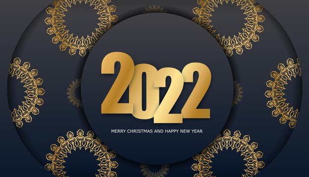 Tarjeta navideña 2022 Feliz año nuevo color negro con adornos de oro vintage