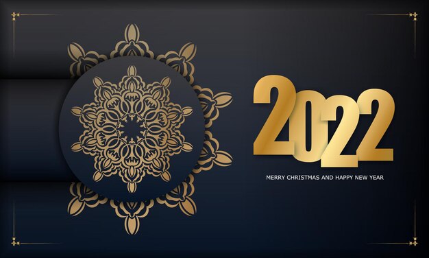 Vector tarjeta navideña 2022 feliz navidad y próspero año nuevo en negro con adornos de oro vintage