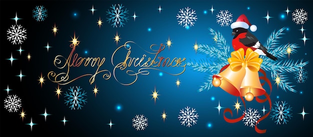 Tarjeta navideña con abeto decorativo, campanas doradas y camachuelos con gorro de papá noel