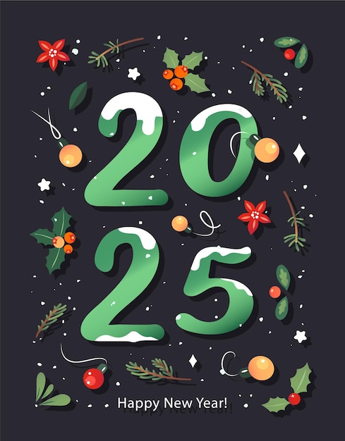 Vector tarjeta navideña de año nuevo 2024 números de texto cubiertos por la nieve