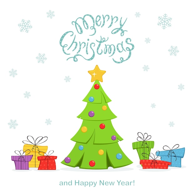 Tarjeta navideña. Árbol de Navidad con coloridos regalos aislado sobre fondo blanco con letras Feliz Navidad y Feliz Año Nuevo, ilustración.