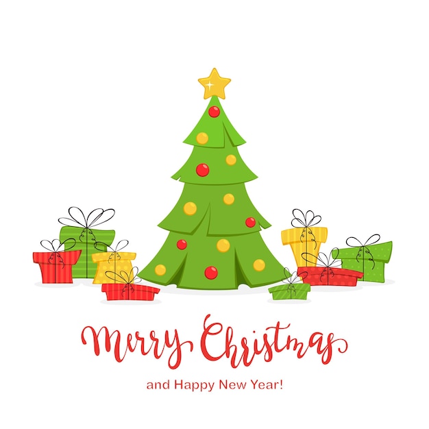 Tarjeta navideña. Árbol de Navidad decorado con coloridos regalos aislados sobre fondo blanco con letras rojas Feliz Navidad y próspero año nuevo, ilustración.