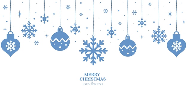 Tarjeta navideña azul con copos de nieve blancos y adornos navideños Tarjeta de felicitación festiva