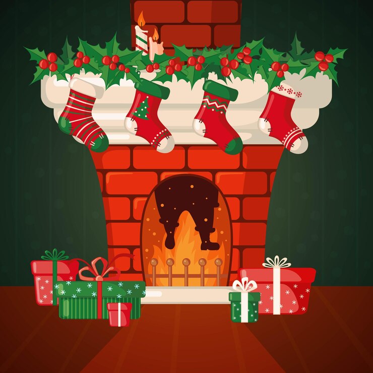 Vector tarjeta navideña con chimenea y calcetines navideños en estilo plano. ilustración vectorial.