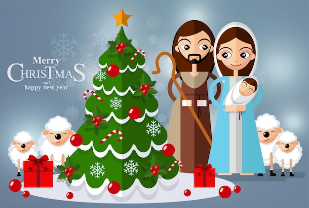 Tarjeta navideña de estilo retro con tres reyes trayendo regalos a Jesús. Ilustración de vector de estilo de dibujos animados.