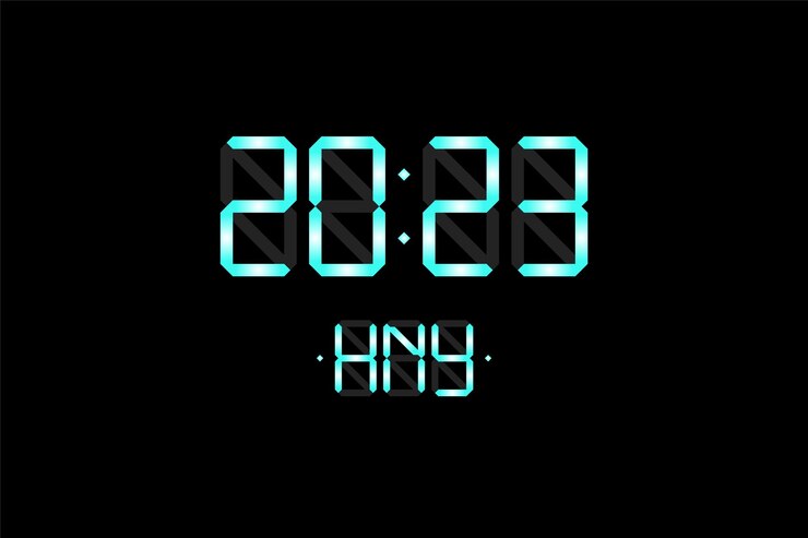 Tarjeta navideña de feliz año nuevo con número de reloj de pantalla electrónica lcd digital y azul hny