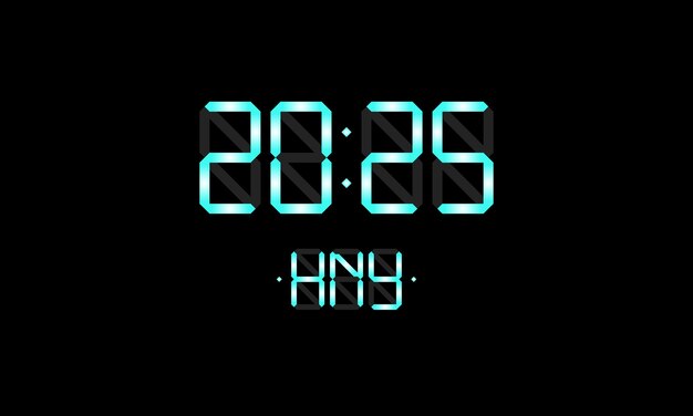 Tarjeta navideña de feliz año nuevo con número de reloj de pantalla electrónica lcd digital y azul hny