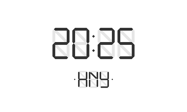 Tarjeta navideña de feliz año nuevo con número de reloj de pantalla electrónica lcd digital y negro hny