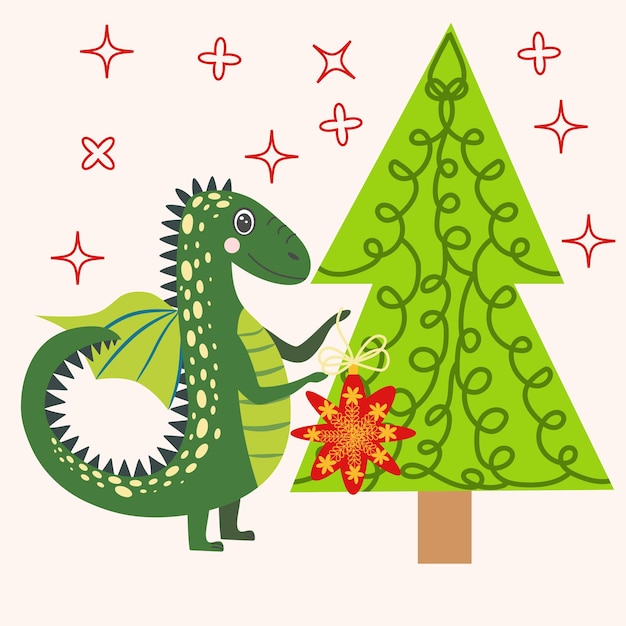Tarjeta navideña con lindo dragón verde Año del Dragón 2024 China