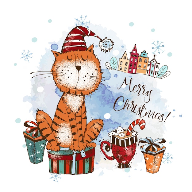 Tarjeta navideña con un lindo gato con un gorro de punto sentado sobre cajas de regalo Acuarelas y gráficos estilo Doodle