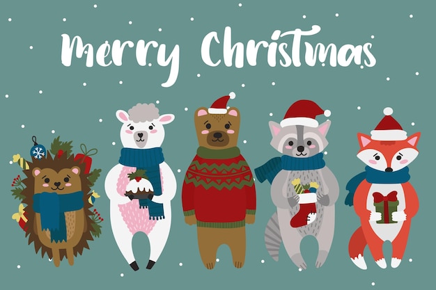 Tarjeta navideña con lindos animales usa estos lindos para crear tus propias postales