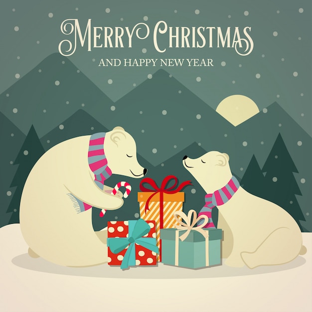 Tarjeta navideña retro con la familia de los osos polares y regalos.