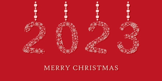 Tarjeta navideña roja 2023 feliz año nuevo y feliz navidad concepto colgando números 2023 ilustración vectorial