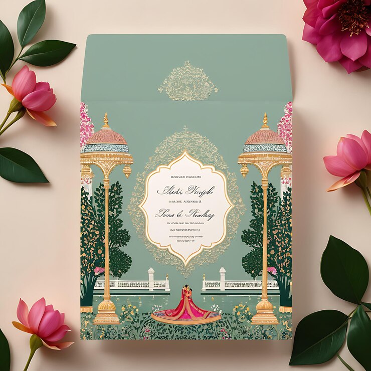 Tarjeta Nikah Mubarak Corona floral de lujo Tarjeta de invitación islámica para la boda