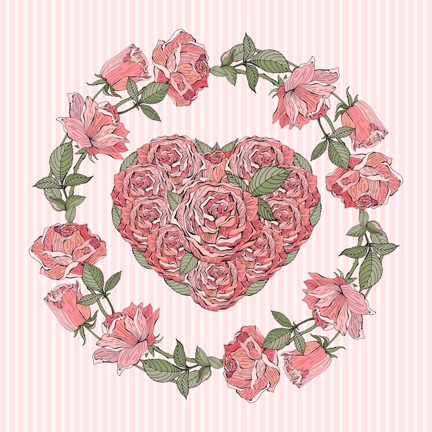 Vector tarjeta o banner retro romántico con una corona y un corazón de rosas rosadas. arreglo floral para tarjetas de boda e invitaciones.