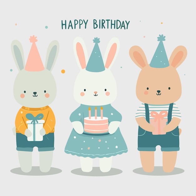 tarjeta o cartel con liebres vestidos con regalos y pastel de cumpleaños