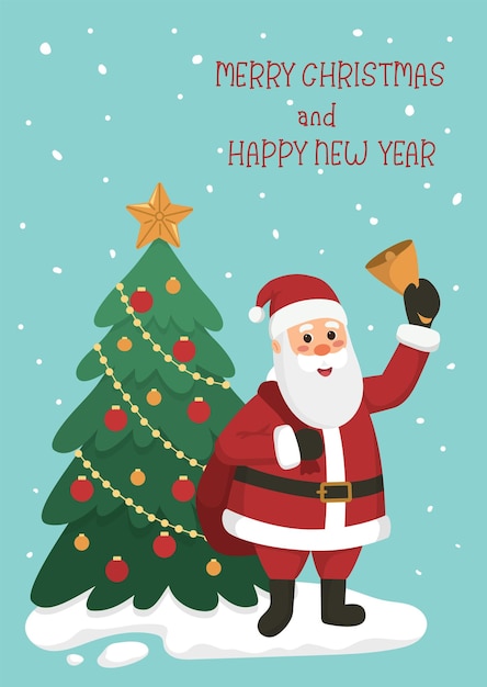 Tarjeta o cartel Santa Claus suena la campana árbol de Navidad nieve y Feliz Navidad y Feliz Año Nuevo