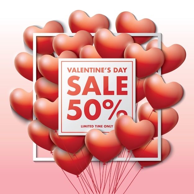 Tarjeta de oferta especial de san valentín con globos decorativos de corazón