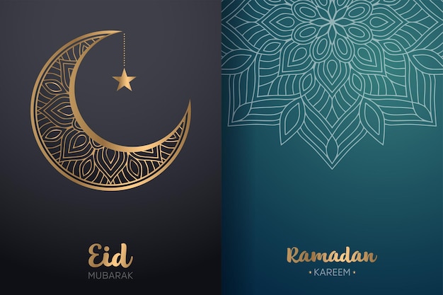 Tarjeta ornamental de eid mubarak y ramadan kareem con mandala y luna creciente.