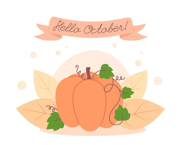 Tarjeta de otoño con calabaza, hola octubre