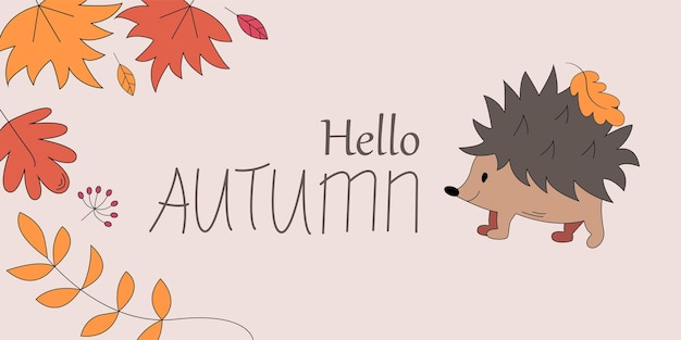 Tarjeta de otoño con erizo Lindo animal de dibujos animados con marco de hojas Hola tarjeta de otoño