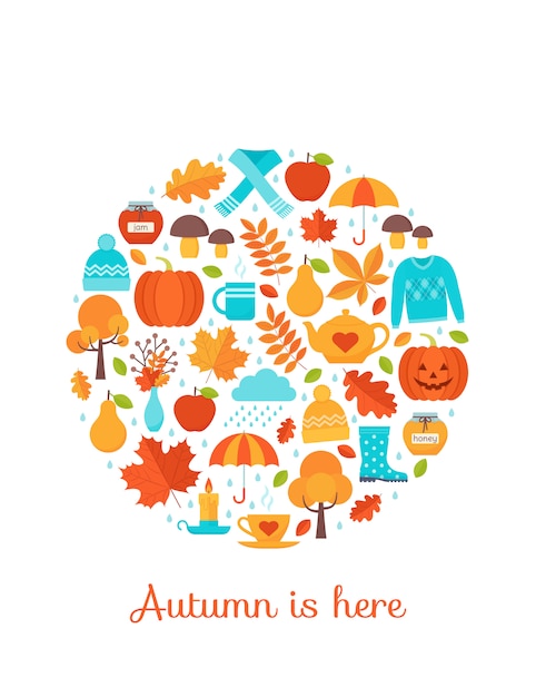 Tarjeta de otoño. . Postal creativa con elementos de otoño en forma de círculo. Plantilla de saludo en piso. Cartel de decoración de hojas de otoño. Ilustración de dibujos animados