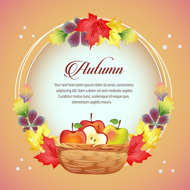 Tarjeta de otoño texto redondo con cesta de manzana