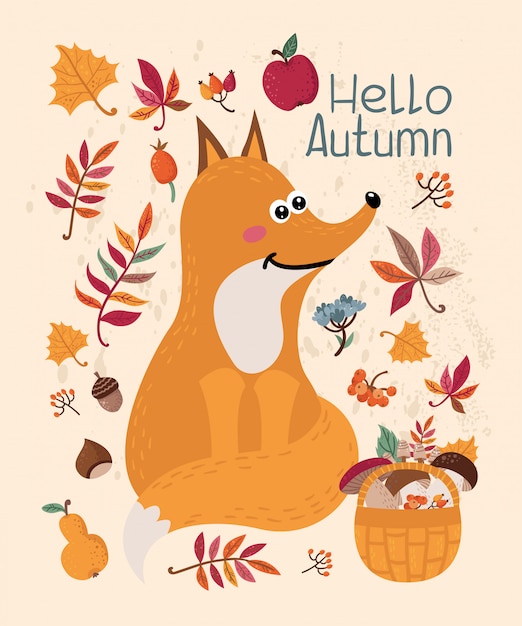 Tarjeta de otoño con zorro y hojas