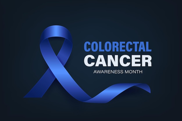 Tarjeta de pancarta de cáncer de colon rectal con cartel de cartel con cartel 3d vectorial realista de cinta azul oscuro en fondo azul oscuro Mes de concienciación sobre el cáncer de colon símbolo de primer plano Día Mundial del Cáncer de Colon Colorectal Concepto