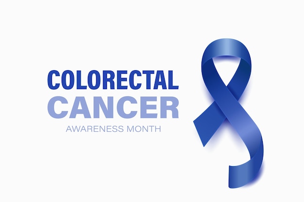 Tarjeta de pancarta de cáncer de colon y recto con cinta azul oscuro vectorial 3d realista sobre fondo blanco