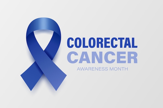 Tarjeta de pancarta de cáncer colorrectal con cinta azul oscuro vectorial 3D realista
