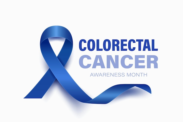 Tarjeta de pancarta de cáncer colorrectal con cinta azul oscuro vectorial 3D realista