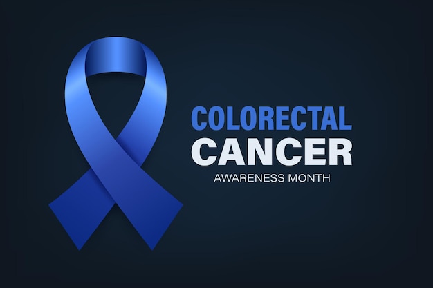 Tarjeta de pancarta de cáncer colorrectal con cinta azul oscuro vectorial 3D realista