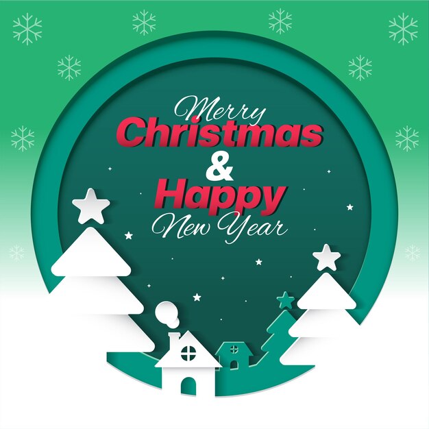 Vector tarjeta de papel 3d merry christmas trees cute happy new year christmas tree snowflake house