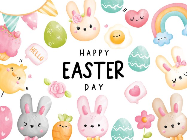 Tarjeta de Pascua en acuarela con lindo conejo y huevos de Pascua