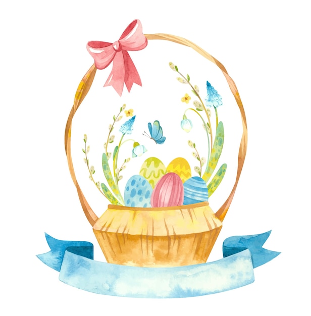 Tarjeta de Pascua con cesta de mimbre y cinta azul para texto. Plantilla de primavera temática para tarjetas, carteles, pancartas. Clipart de acuarela con huevos de Pascua, flores y sauces