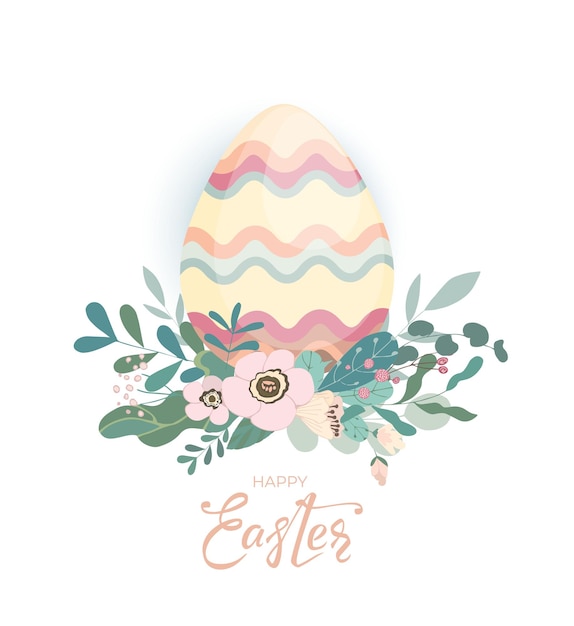 Tarjeta de Pascua con coloridas hojas de huevo y flores y texto de letras dibujado a mano sobre fondo blanco Icono de huevo con hermoso diseño floral lindo para invitación festiva Ilustración vectorial