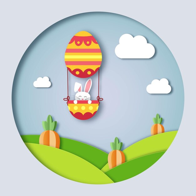 Tarjeta de pascua con conejito en globo aerostático en efecto de recorte de papel