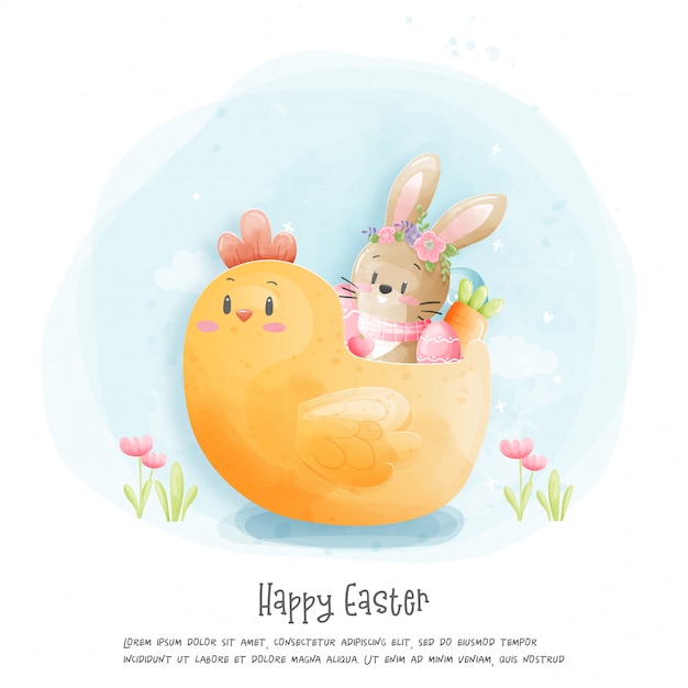 Tarjeta de pascua feliz acuarela con ilustración de conejo.