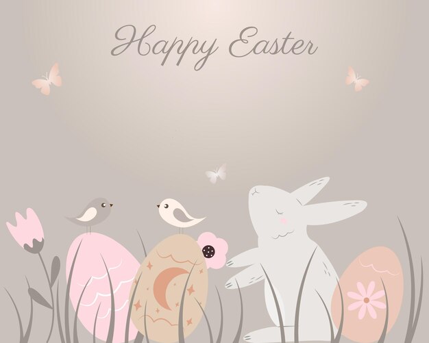 Una tarjeta de pascua feliz con un conejito y huevos