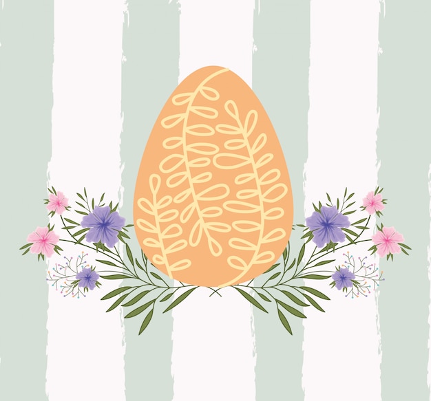Tarjeta de Pascua feliz con huevo pintado y flores